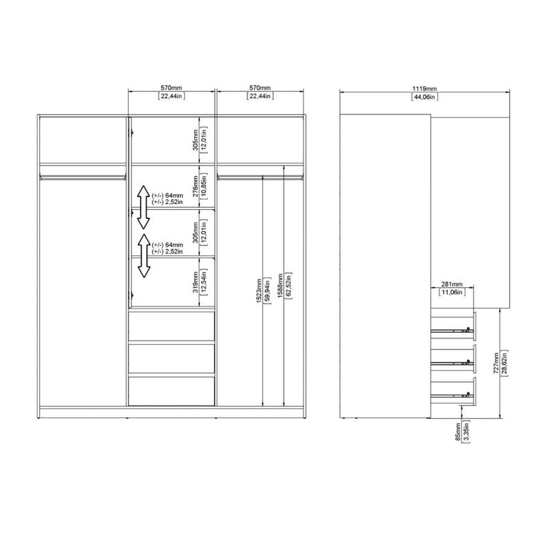 Naia Wardrobe - 3 Door - 3 Drawer - Oak