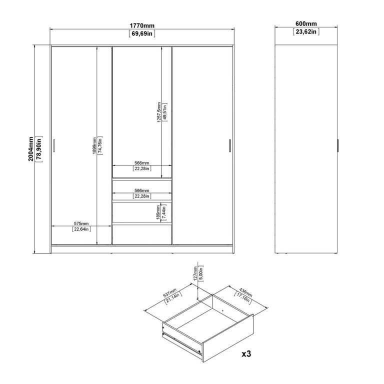 Naia Wardrobe - 3 Door - 3 Drawer - Oak