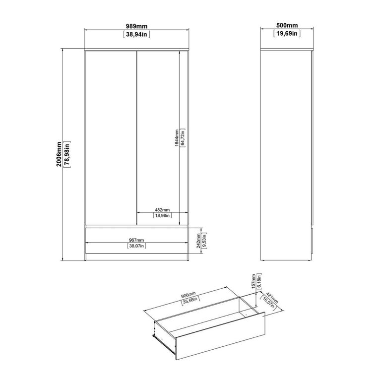 Naia Wardrobe - 2 Door - 1 Drawer - White Gloss