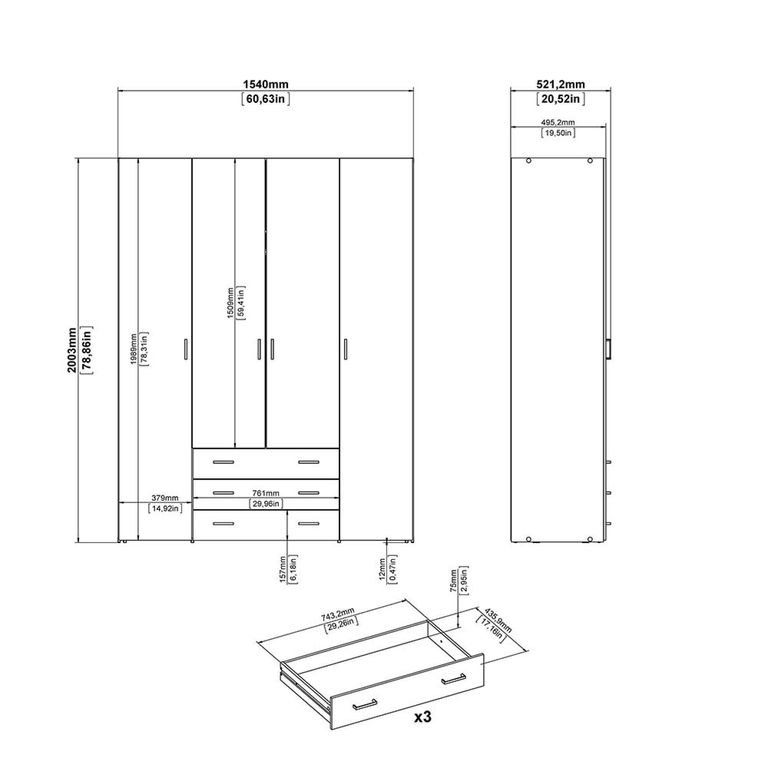 Space Wardrobe - 4 Door - 3 Drawer - Oak