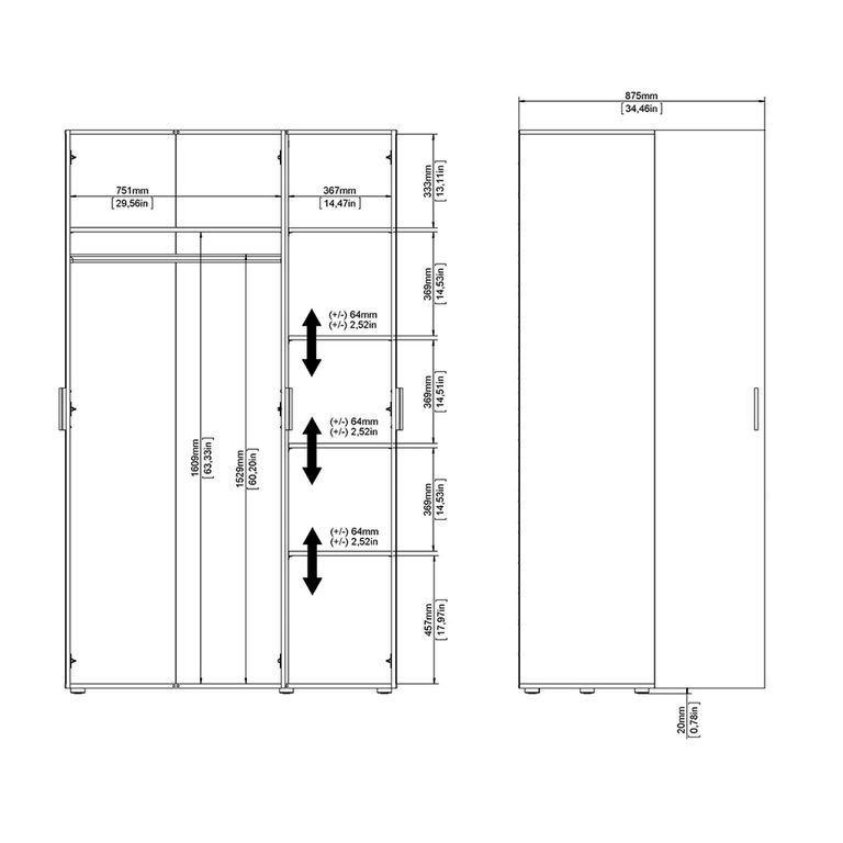 Pepe Wardrobe - 3 Door - Oak and White Gloss