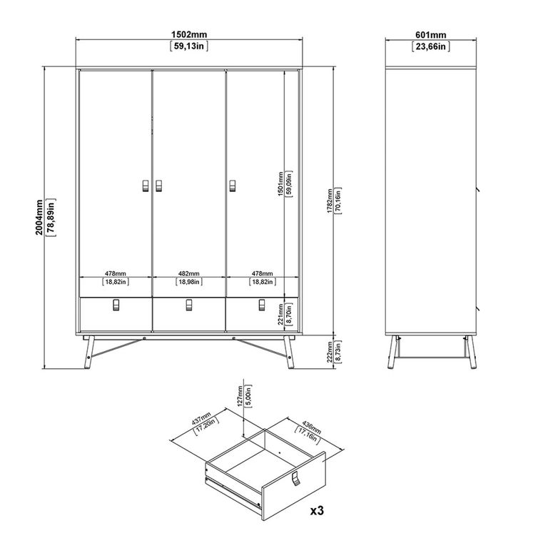 Ry Wardrobe - 3 Door - 3 Drawer - Black