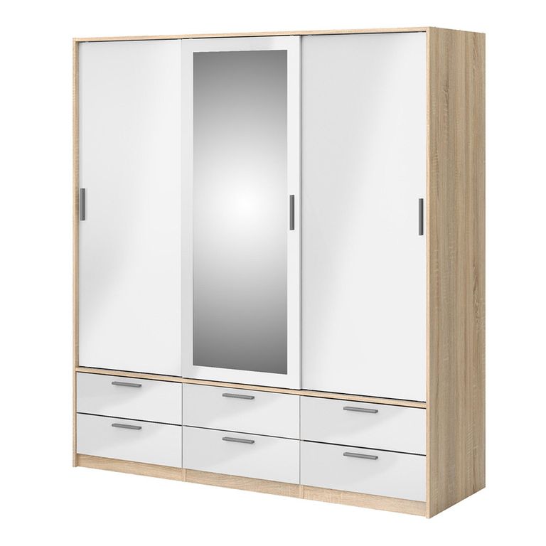 Line Wardrobe - 3 Door - 6 Drawer - Combi - Oak and White Gloss