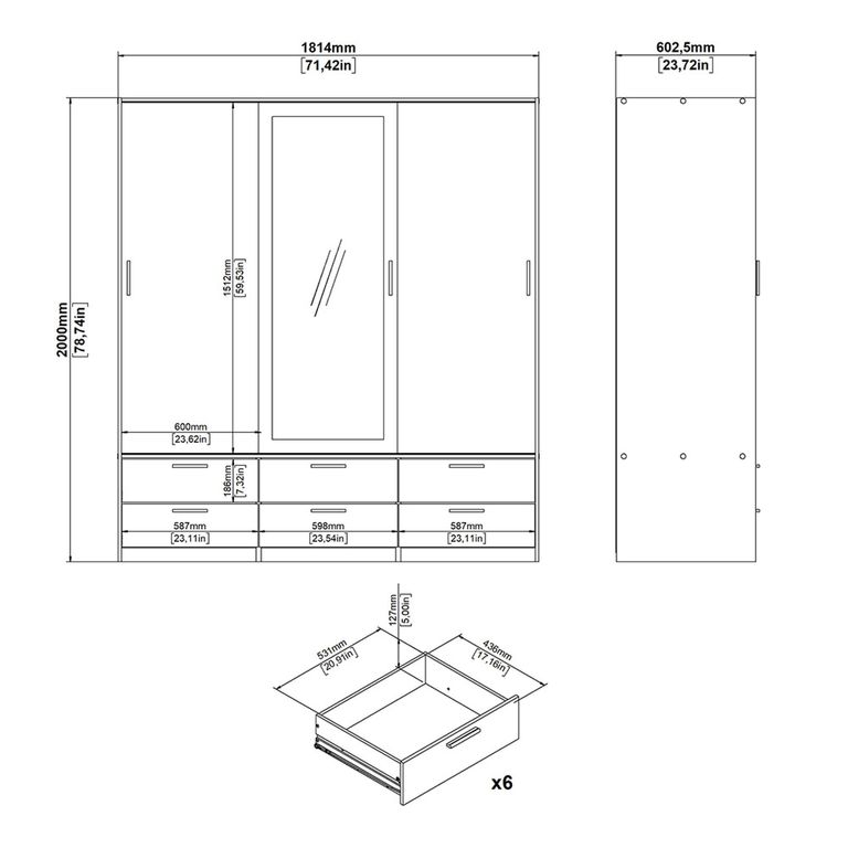 Line Wardrobe - 3 Door - 6 Drawer - Combi - Oak and White Gloss