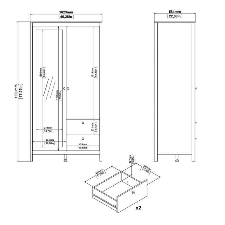Barcelona Wardrobe - 2 Door - 2 Drawer - Combi - White