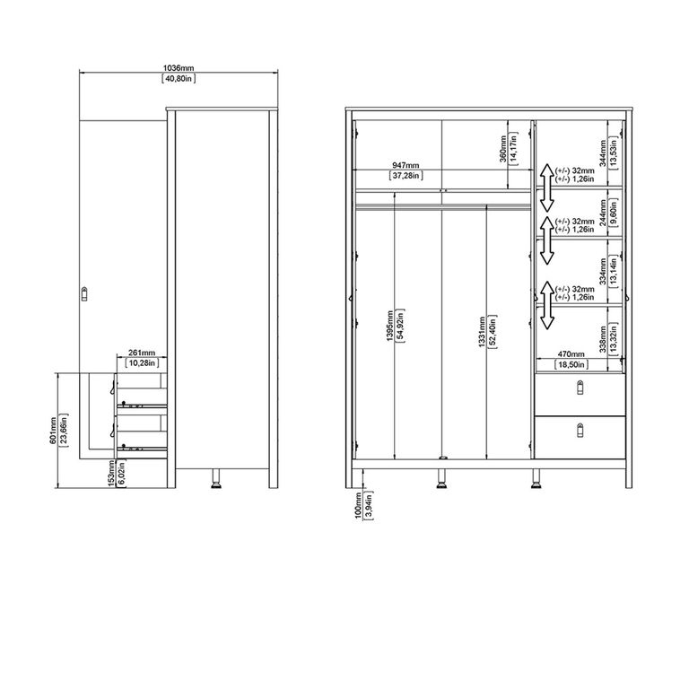 Barcelona Wardrobe - 3 Door - 2 Drawer - Combi - White