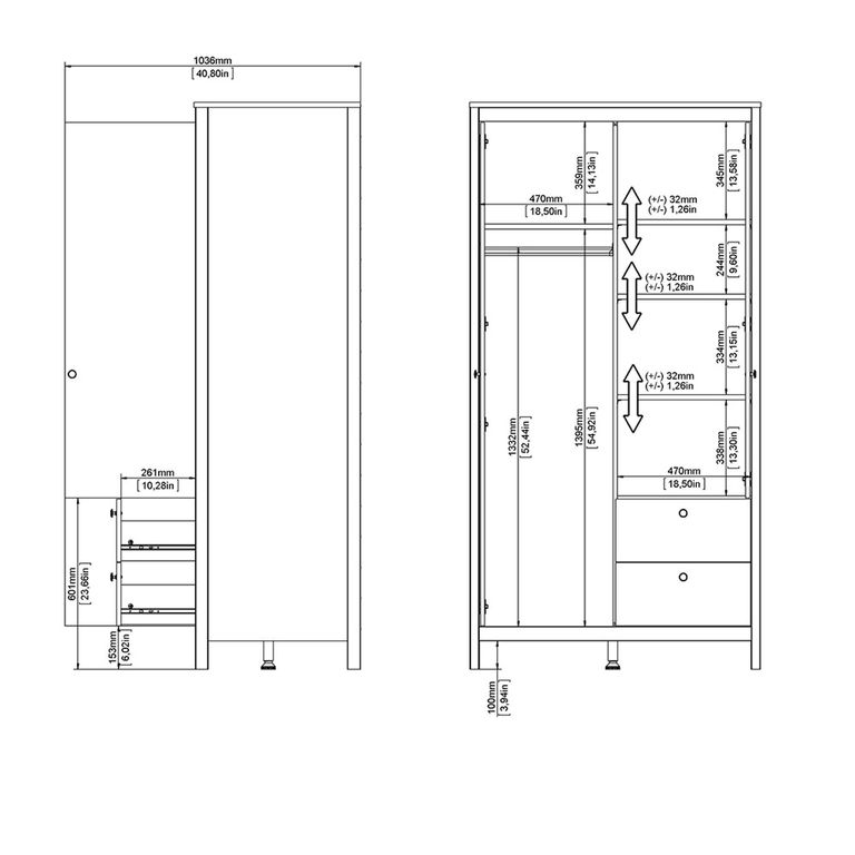 Madrid Wardrobe - 2 Door - 2 Drawer - Combi - Black