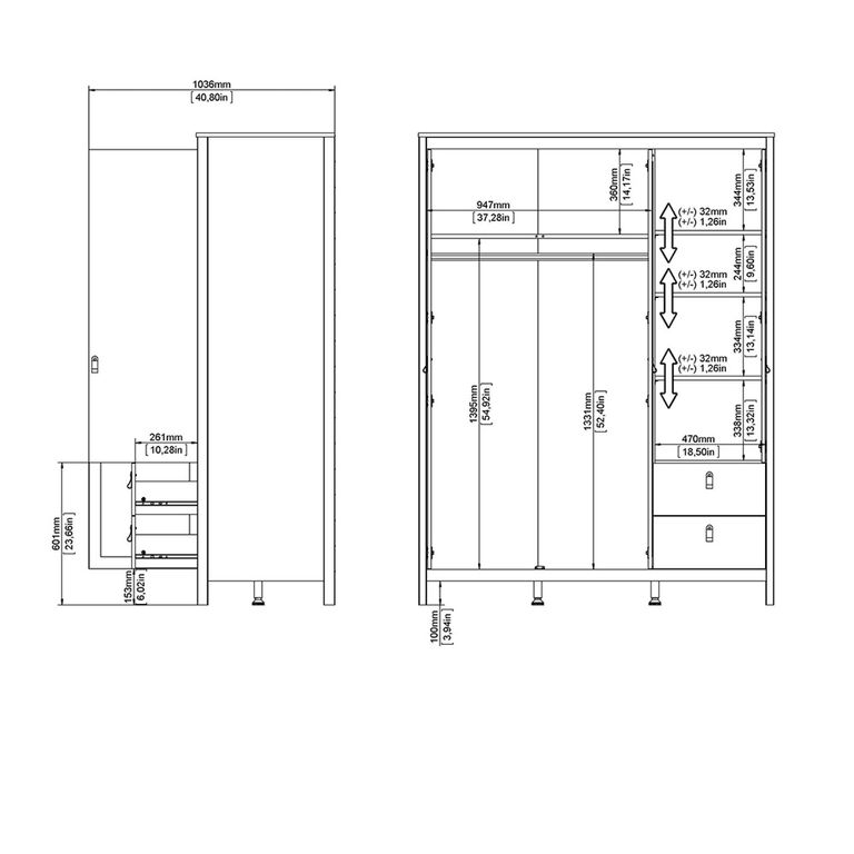 Madrid Wardrobe - 3 Door - 2 Drawer - Combi - Black