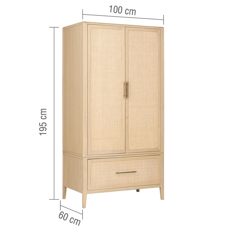 Casera Wardrobe - 2 Door 1 Drawer - Natural Rattan and American Oak