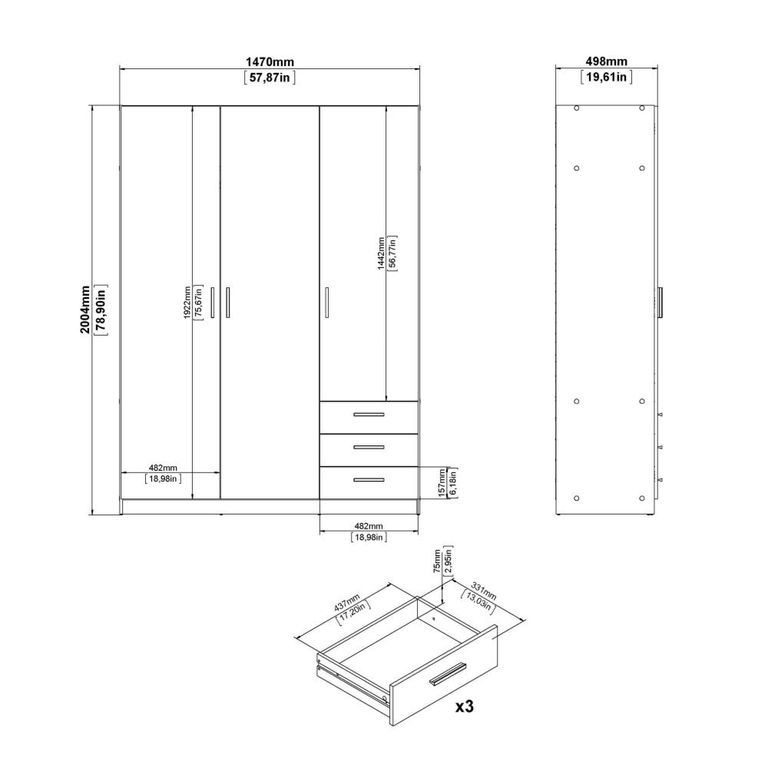 Sprint Wardrobe - 3 Door - 3 Drawer - White
