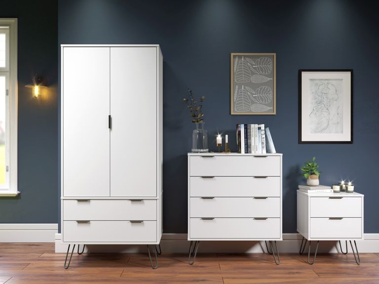 Augusta Wardrobe - 2 Door - 2 Drawer - White - Hairpin Legs