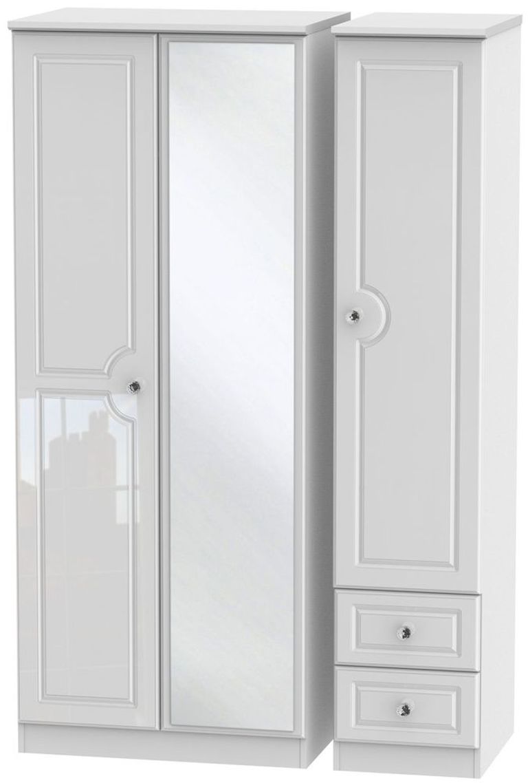 Balmoral White Gloss 3 Door Combi Wardrobe - 1 Mirror and RHF 2 Drawers