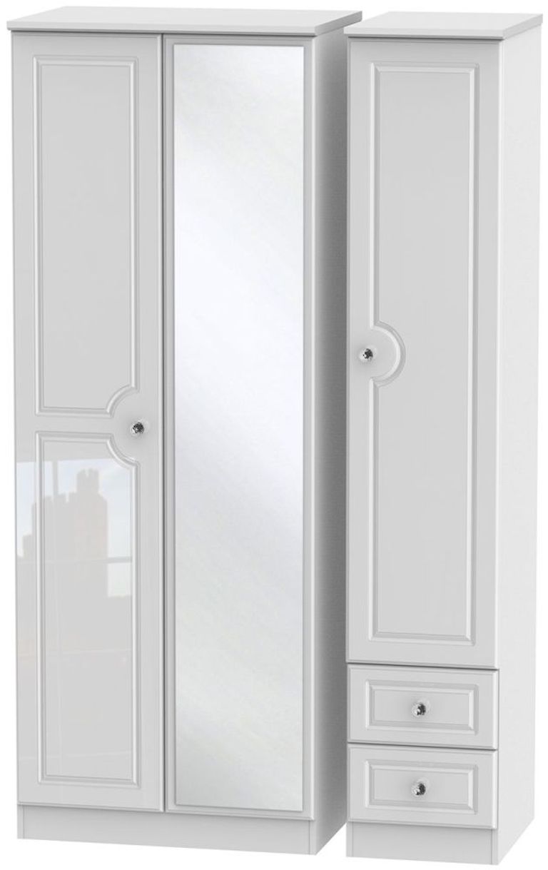 Balmoral Wardrobe - 3 Door - Tall Combi -  with 1 Mirror - and RHF 2 Drawers - White Gloss