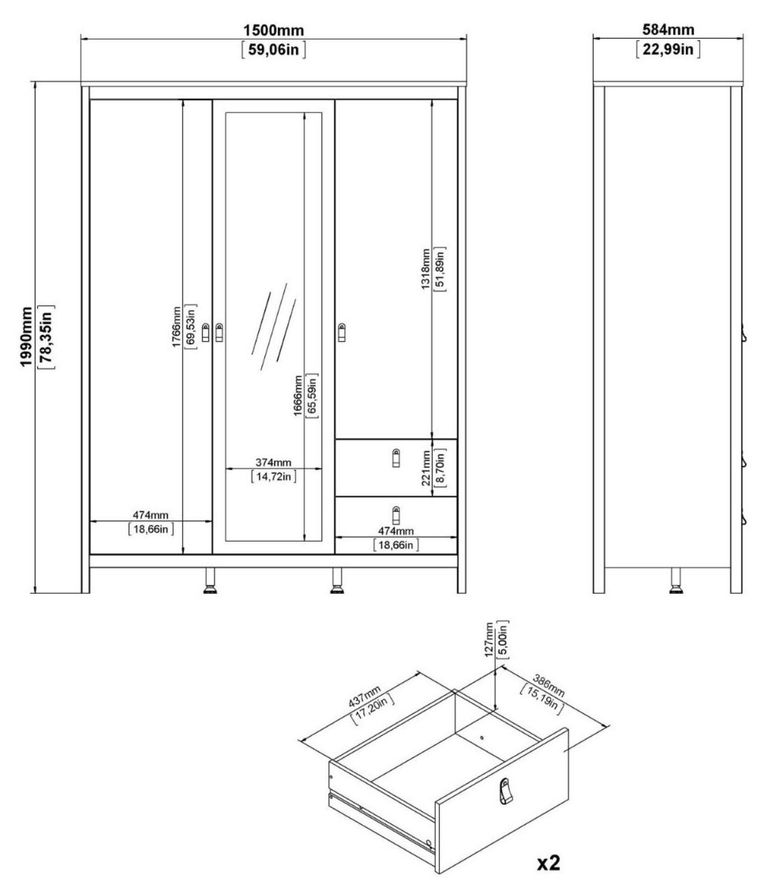 Barcelona White 3 Door Combi Wardrobe
