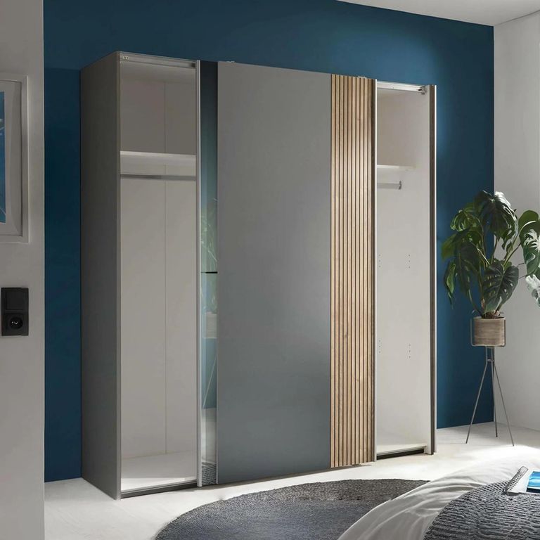 Berno Fluted Oak and Dark Grey Sliding Mirror Wardrobe - 2 Door