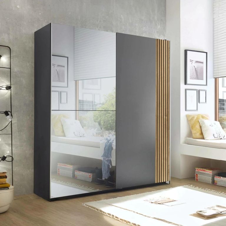 Berno Fluted Oak and Dark Grey Sliding Mirror Wardrobe - 2 Door