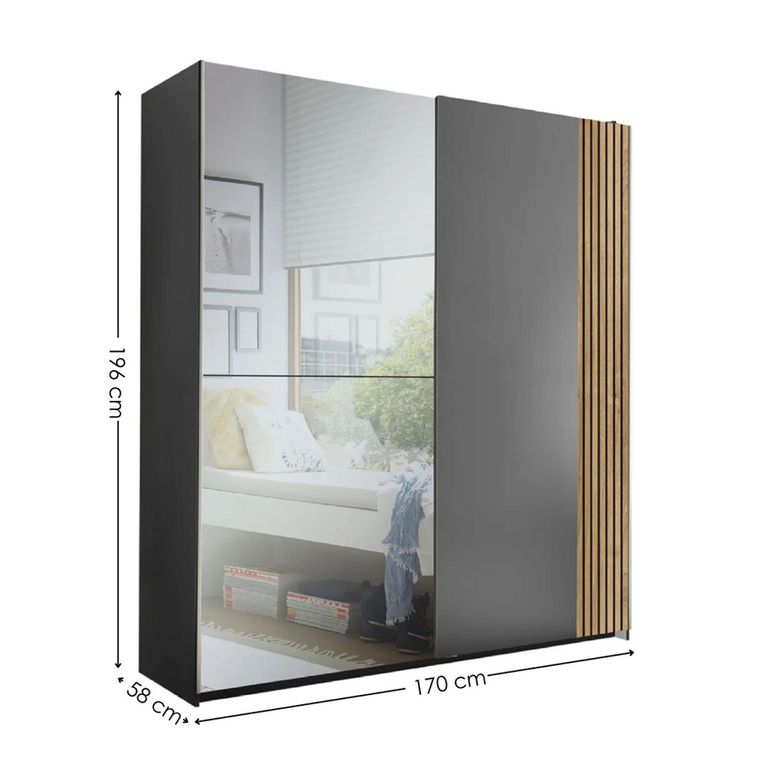 Berno Fluted Oak and Dark Grey Sliding Mirror Wardrobe - 2 Door