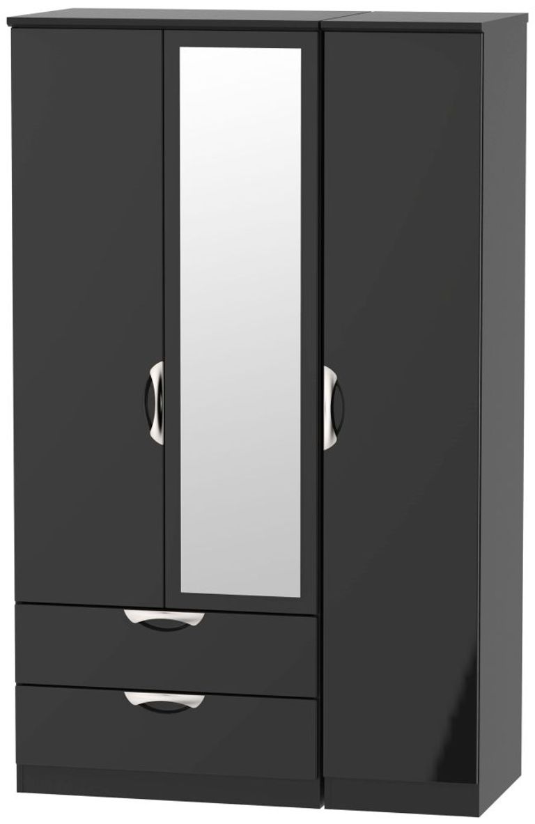 Camden Black Gloss 3 Door Combi Wardrobe - 1 Mirror and LHF 2 Drawers