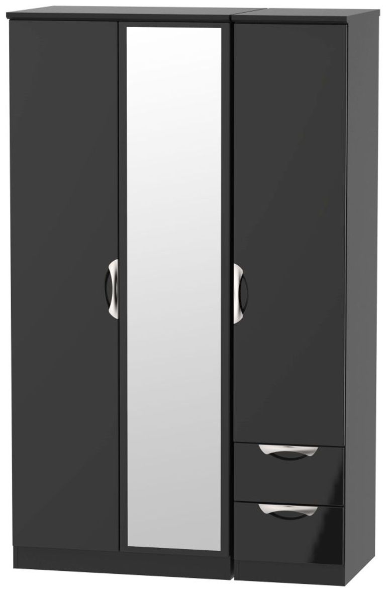 Camden Black Gloss 3 Door Combi Wardrobe - 1 Mirror and RHF 2 Drawers