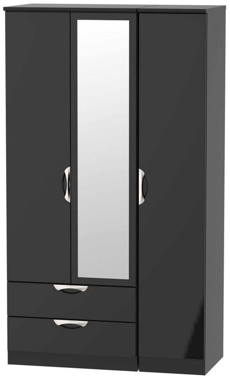 Camden Black Gloss 3 Door Tall Combi Wardrobe - 1 Mirror and LHF 2 Drawers