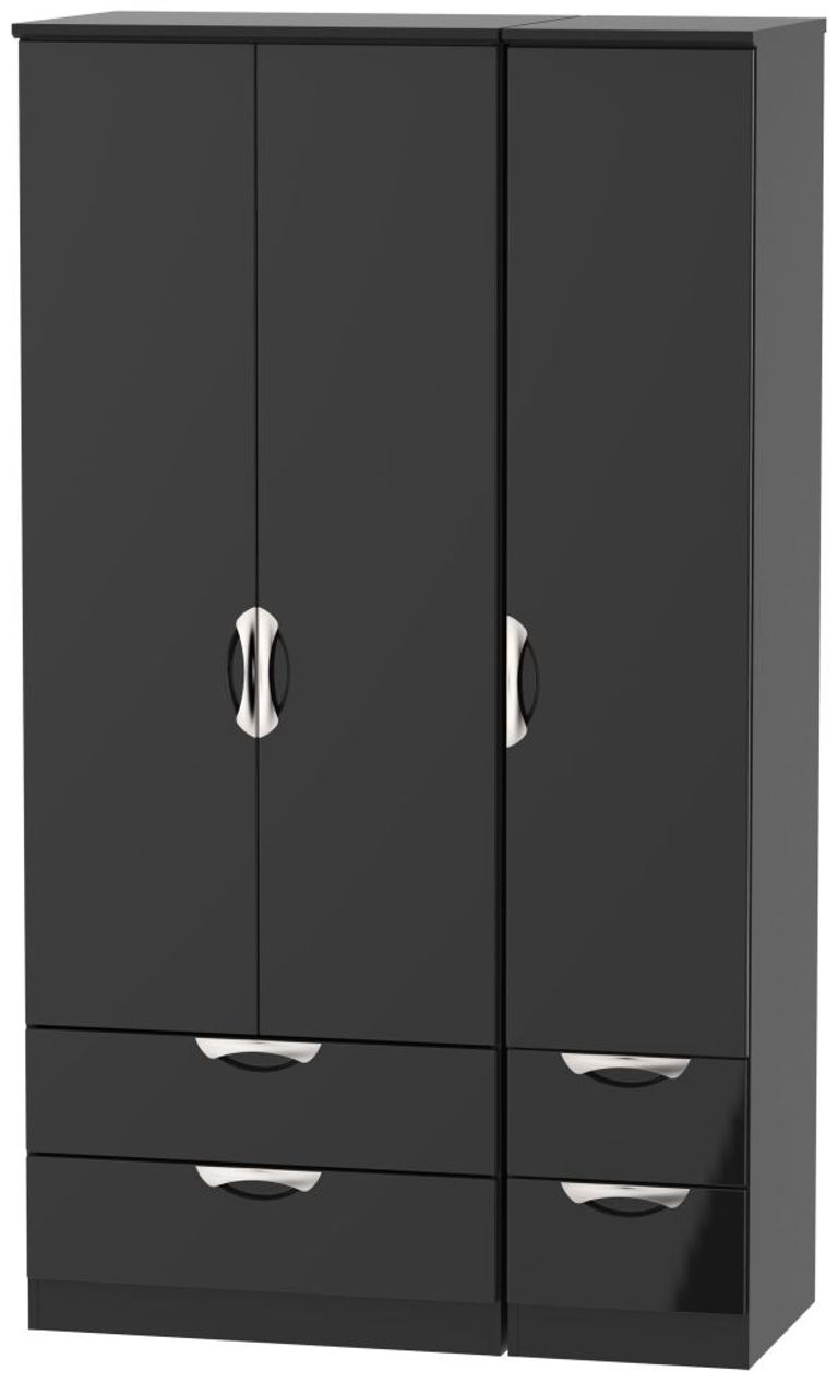 Camden Black Gloss 3 Door Tall Triple Wardrobe - 4 Drawers