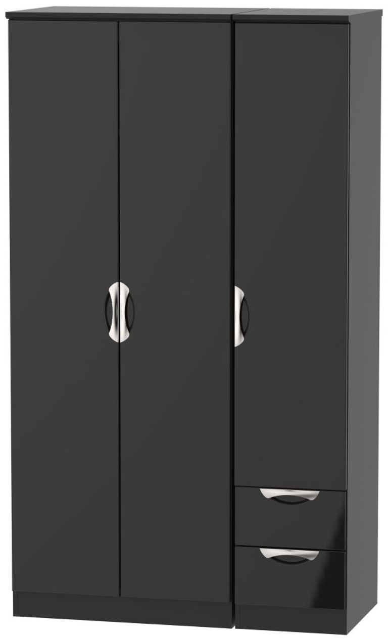 Camden Black Gloss 3 Door Tall Triple Wardrobe - RHF 2 Drawers