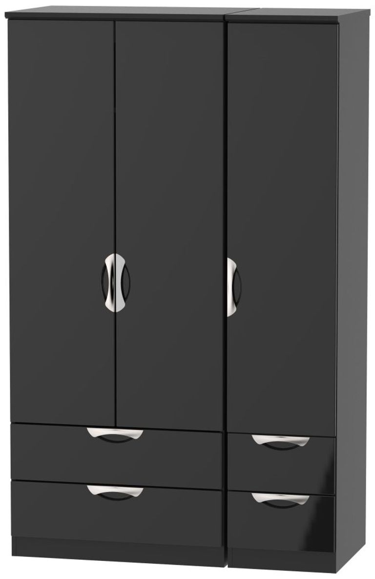 Camden Black Gloss 3 Door Triple Wardrobe - 4 Drawers