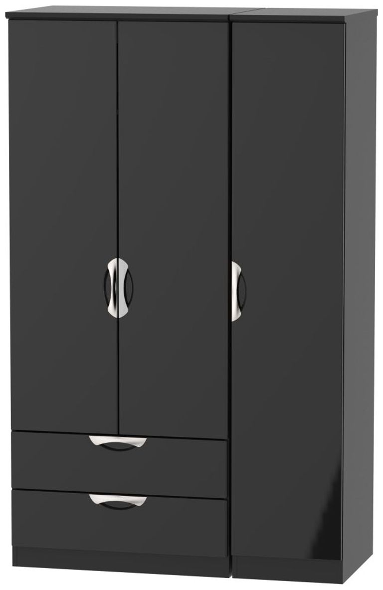 Camden Black Gloss 3 Door Triple Wardrobe - LHF 2 Drawers