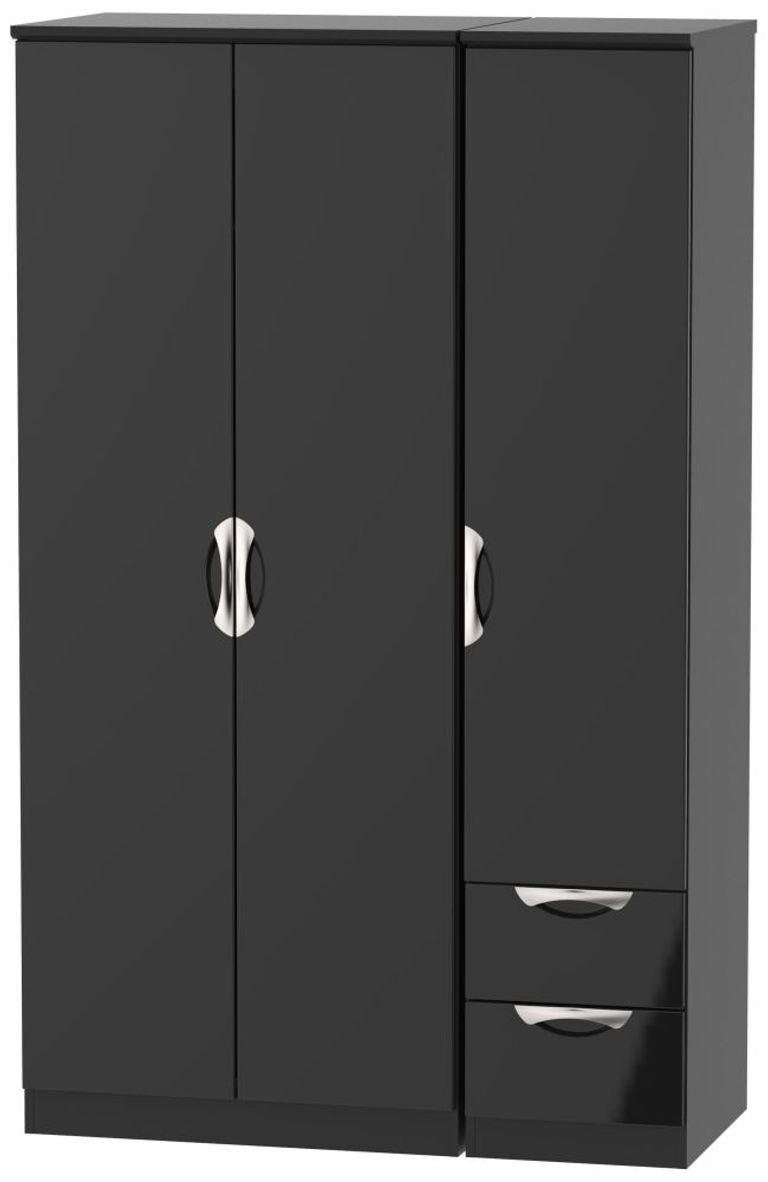Camden Black Gloss 3 Door Triple Wardrobe - RHF 2 Drawers