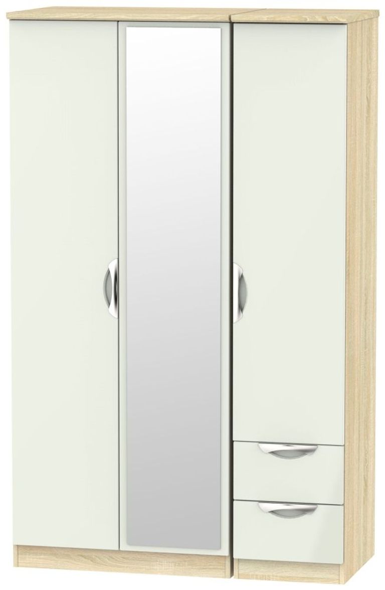 Camden Cashmere and Oak Effect 3 Door Combi Wardrobe - 1 Mirror and RHF 2 Drawers