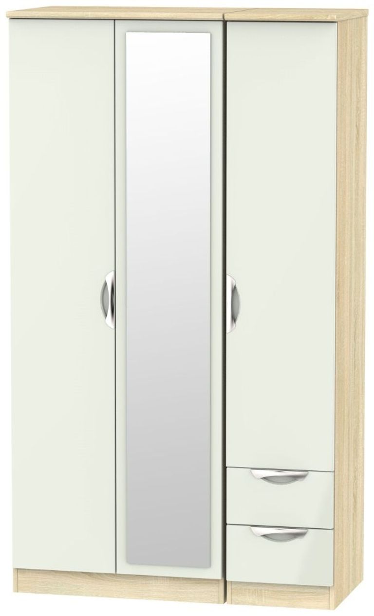 Camden Cashmere and Oak Effect 3 Door Tall Combi Wardrobe - 1 Mirror and RHF 2 Drawers