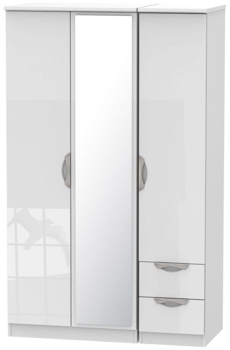 Camden Gloss 3 Door Combi Wardrobe - 1 Mirror and RHF 2 Drawers