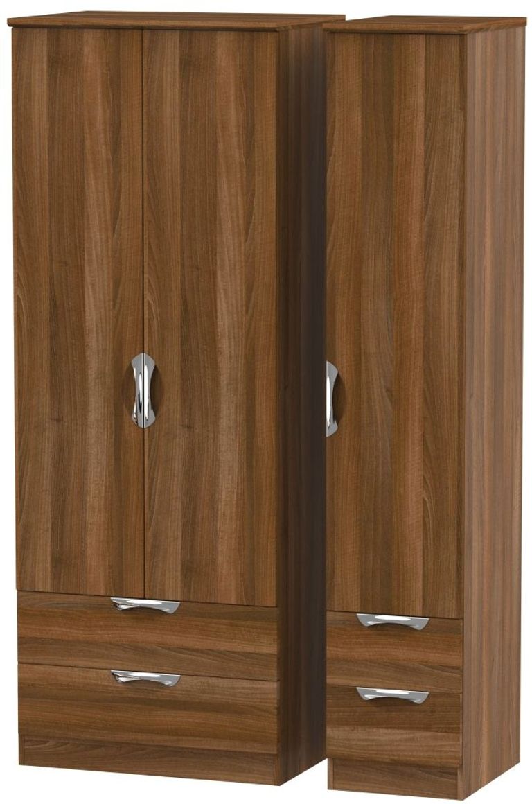 Camden Walnut Effect 3 Door Tall Triple Wardrobe - 4 Drawers