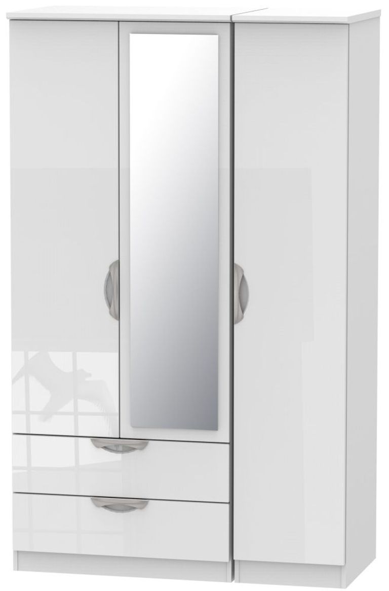Camden White Gloss 3 Door Combi Wardrobe - 1 Mirror and LHF 2 Drawers