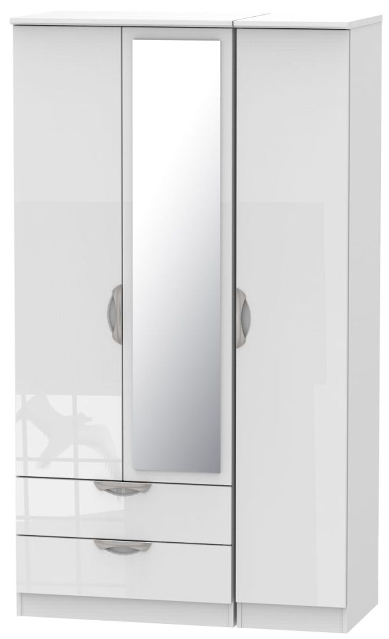 Camden White Gloss 3 Door Tall Combi Wardrobe - 1 Mirror and LHF 2 Drawers