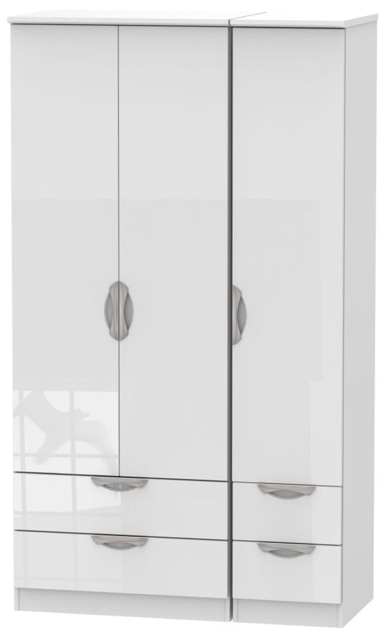 Camden White Gloss 3 Door Tall Triple Wardrobe - 4 Drawers