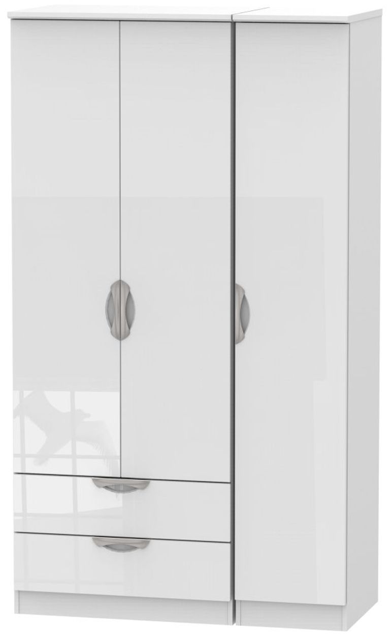 Camden White Gloss 3 Door Tall Triple Wardrobe - LHF 2 Drawers