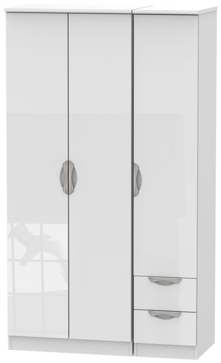 Camden White Gloss 3 Door Tall Triple Wardrobe - RHF 2 Drawers