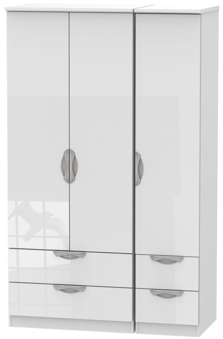 Camden White Gloss 3 Door Triple Wardrobe - 4 Drawers