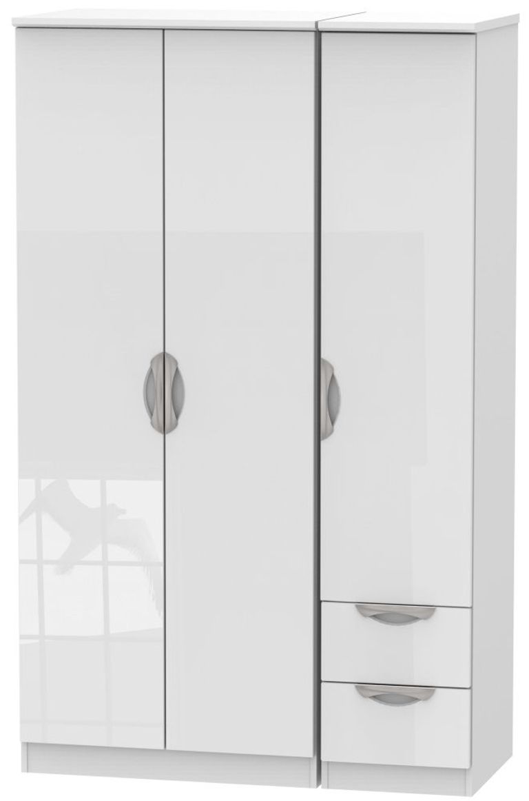 Camden White Gloss 3 Door Triple Wardrobe - RHF 2 Drawers