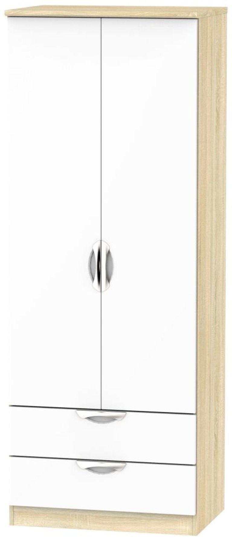 Camden White Gloss and Oak Effect 2 Door 2 Drawer Tall Wardrobe