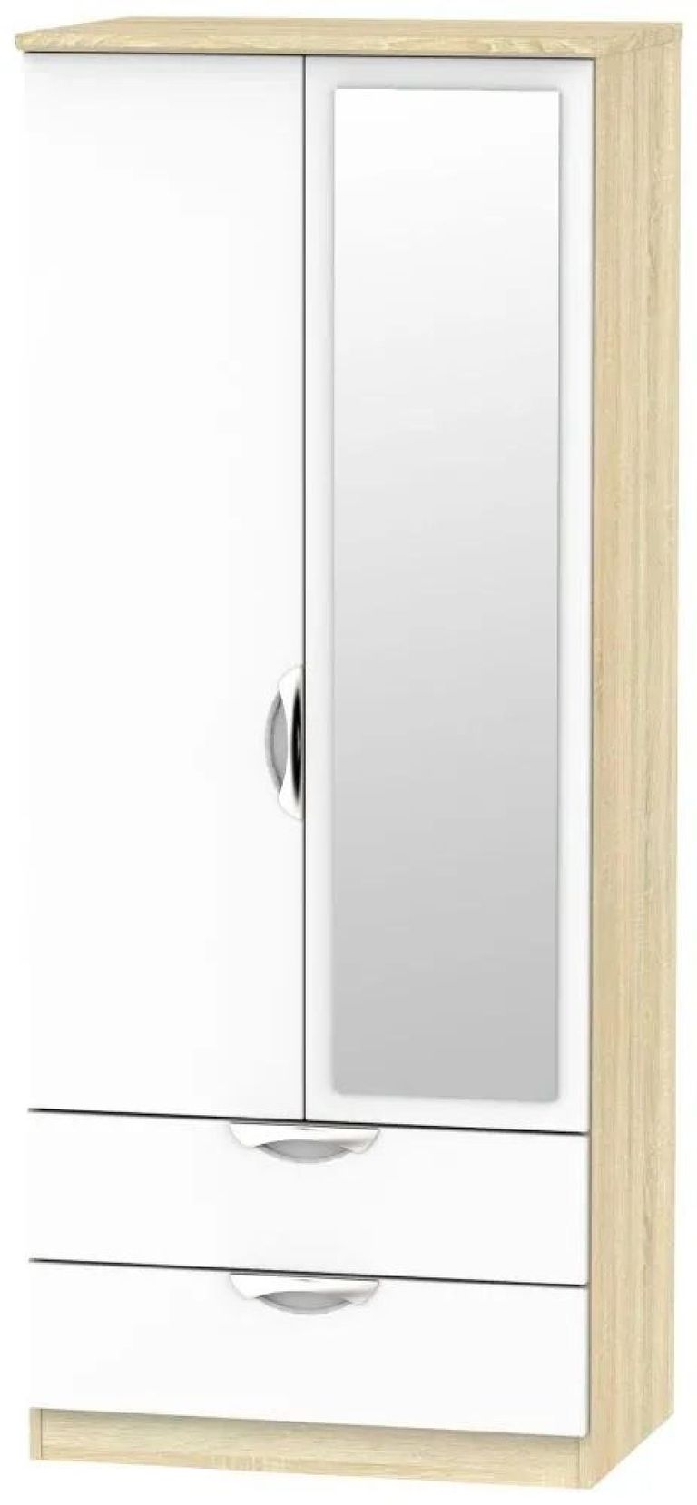 Camden White Gloss and Oak Effect 2 Door Combi Wardrobe - 1 Mirror