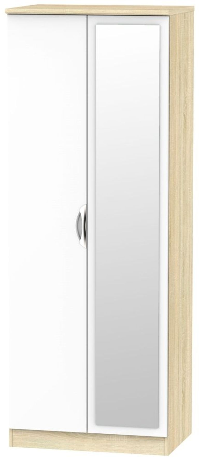 Camden White Gloss and Oak Effect 2 Door Tall Wardrobe - 1 Mirror