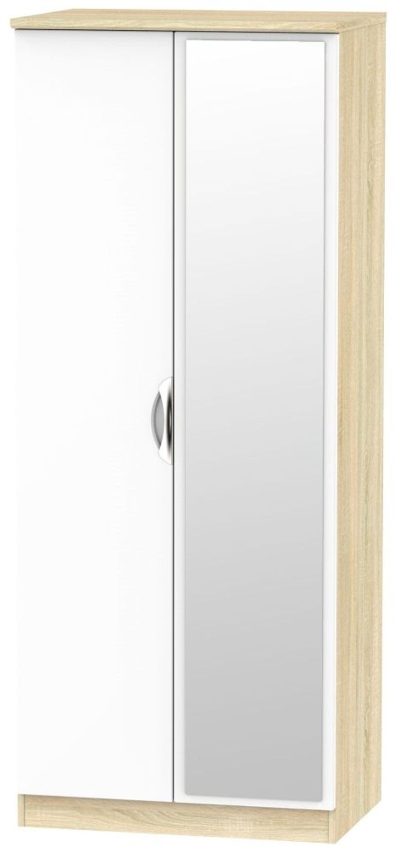 Camden White Gloss and Oak Effect 2 Door Wardrobe - 1 Mirror