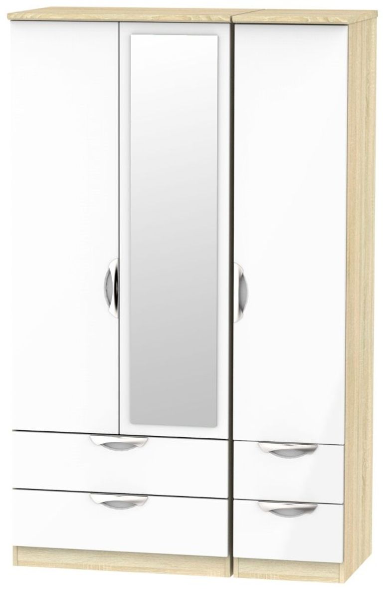 Camden White Gloss and Oak Effect 3 Door Combi Wardrobe - 1 Mirror