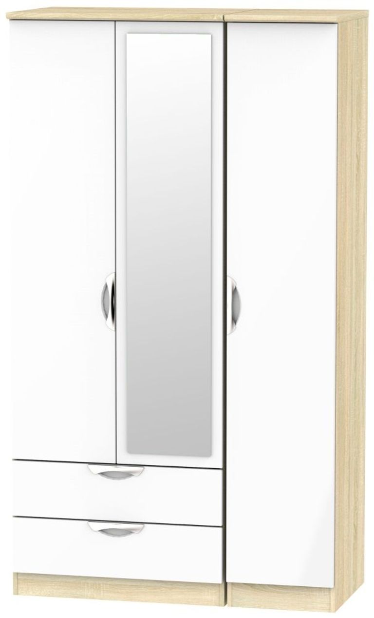 Camden White Gloss and Oak Effect 3 Door Tall Combi Wardrobe - 1 Mirror and LHF 2 Drawers