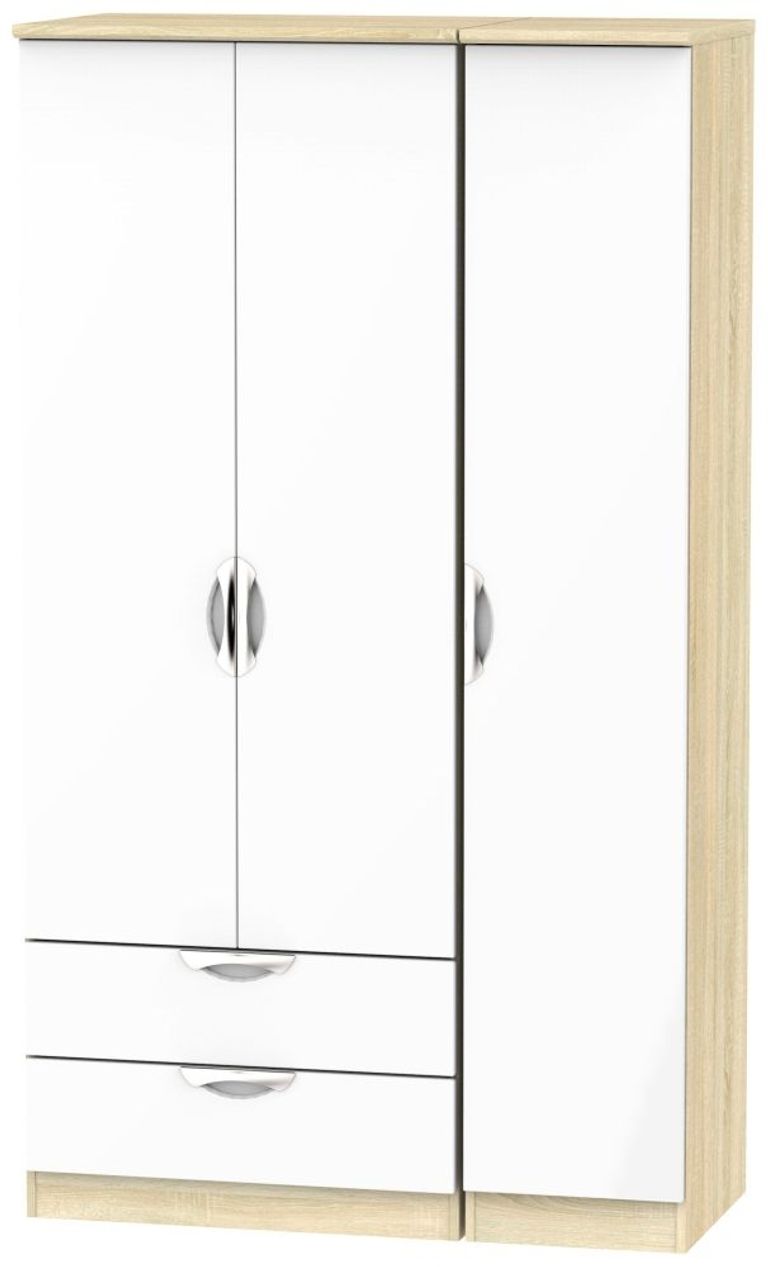 Camden White Gloss and Oak Effect 3 Door Tall Triple Wardrobe - LHF 2 Drawers