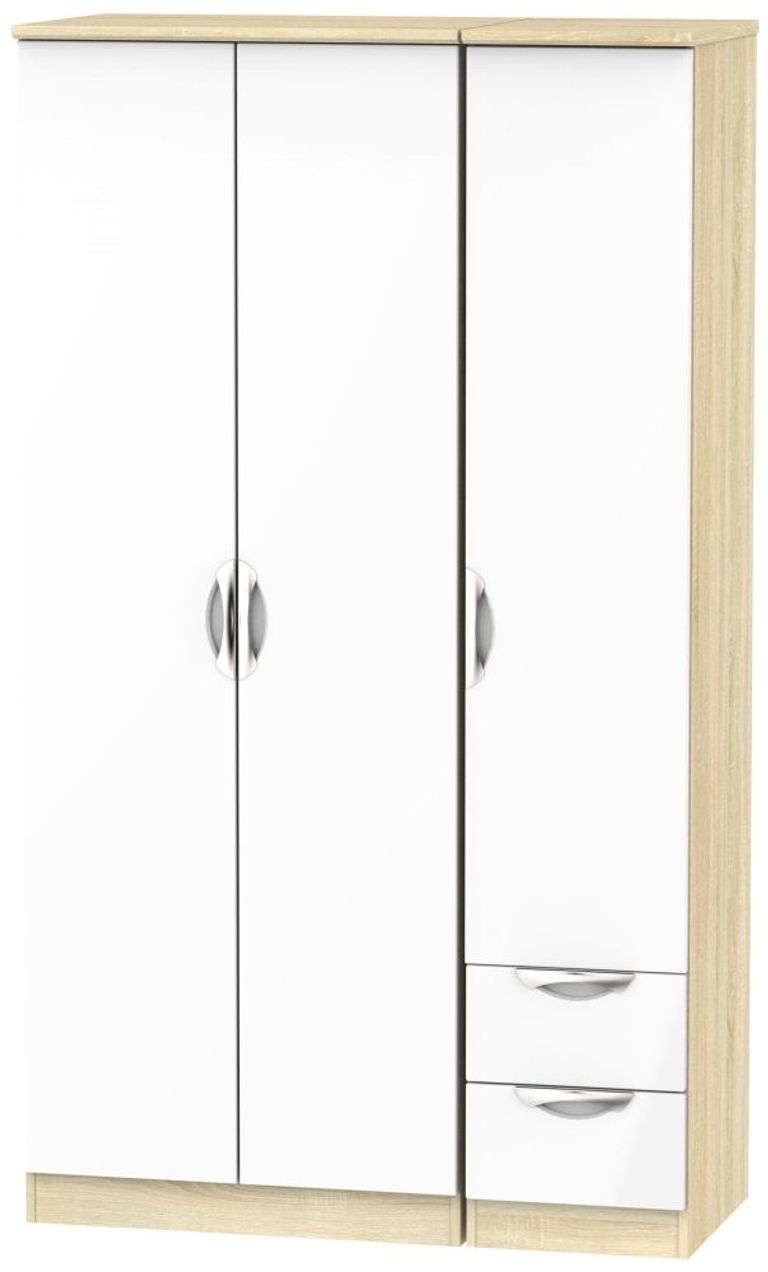Camden White Gloss and Oak Effect 3 Door Tall Triple Wardrobe - RHF 2 Drawers