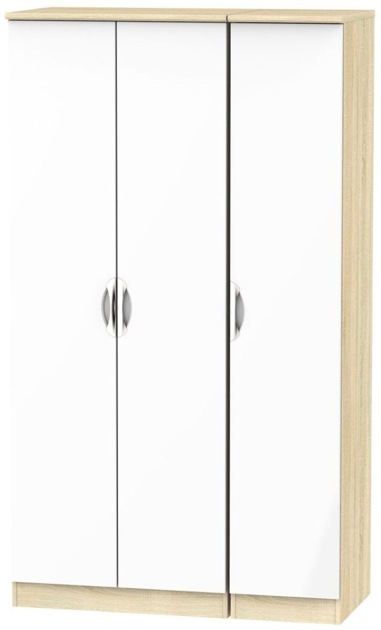 Camden White Gloss and Oak Effect 3 Door Tall Triple Wardrobe