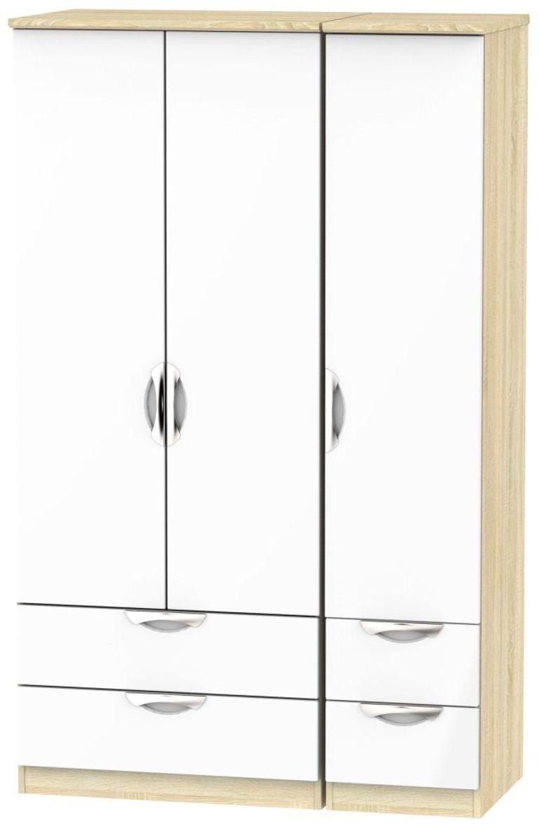 Camden White Gloss and Oak Effect 3 Door Triple Wardrobe - 4 Drawers